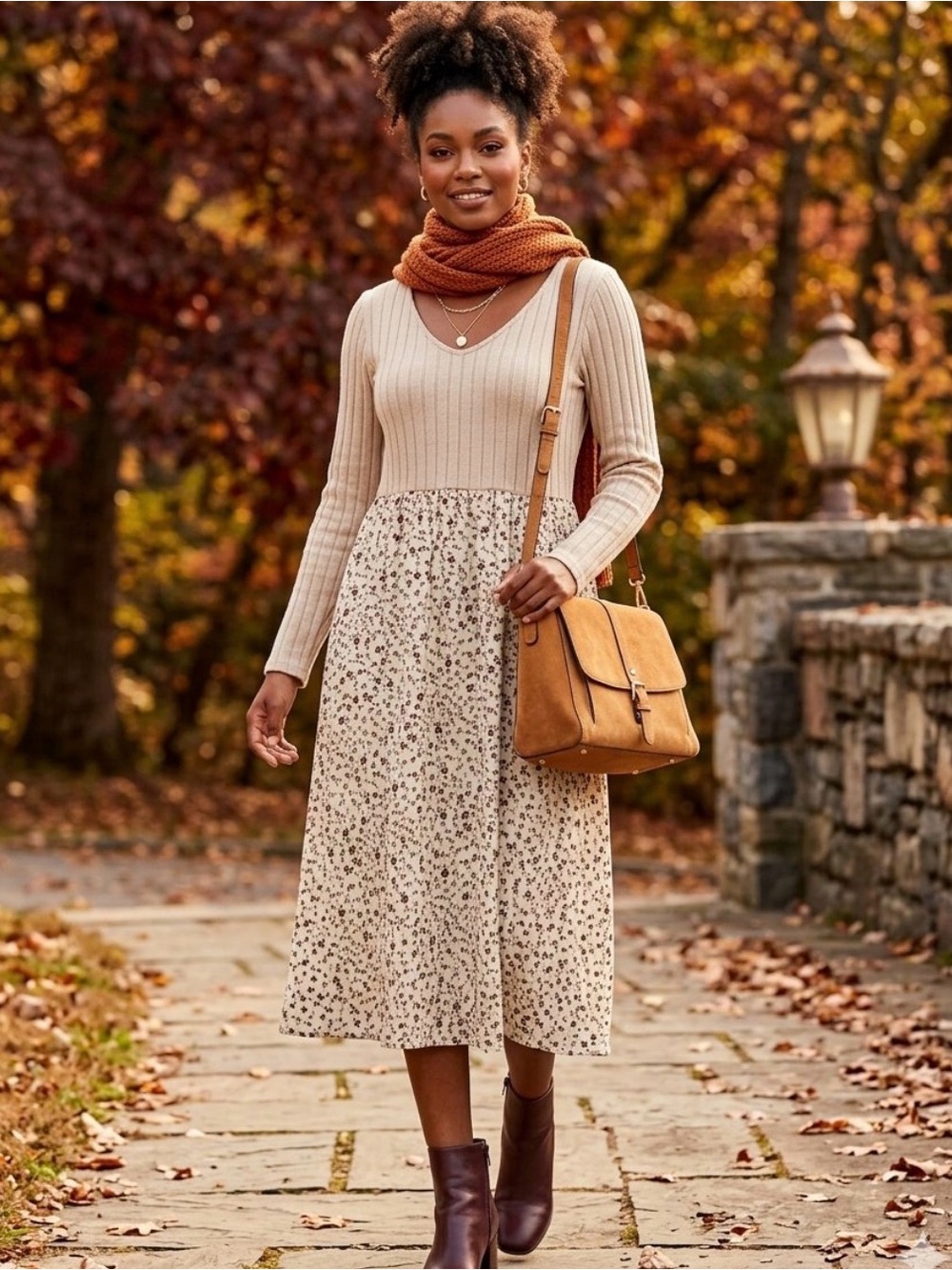 NWT Ribbed Knit & Floral Midi Dress - Cream